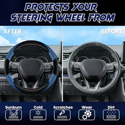 Soft Leather Steering Wheel Cover with Breathable Design and Anti-Slip Grip, Fully Compatible with Tesla, Toyota, Honda, Nissan 14.5-15.2 inch Round Steering Wheel（Sedans and SUVs） - color: DOUBLE-BLUE