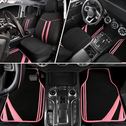 CAR PASS Car Seat Covers Full Set for Women Girls with Waterproof Car Floor Mats,Anti-Slip Leather Steering Wheel Cover,Universal Fit for SUVs,Vans,Trucks,Sedans,Cars (Combo Set,Black & Pink) - color: Black & Pink