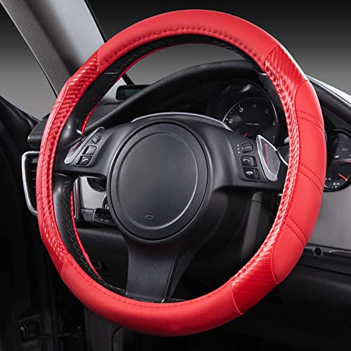 CAR PASS Line Rider Microfiber Leather Sporty Steering Wheel Cover 14.5-15 inch Universal Fits for 95% Truck,SUV,Cars, Anti-Slip Safety Comfortable Desgin (Red-Carbon Fiber) - color: Red＆Carbon Fiber, size: Standard[14.5"-15"]