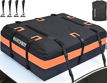 MARCHWAY Waterproof Car Roof Luggage Bag, Weatherproof Soft Shell Rooftop Cargo Carrier Bag for Vehicles with or Without Rack. 6 Door Hooks, Anti Slip Mat, Lock Included (15 Cubic Feet, Orange) - size: 15 Cubic Feet, Orange