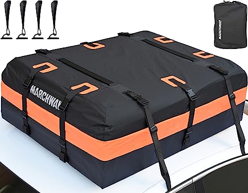 MARCHWAY Waterproof Car Roof Luggage Bag, Weatherproof Soft Shell Rooftop Cargo Carrier Bag for Vehicles with or Without Rack. 6 Door Hooks, Anti Slip Mat, Lock Included (15 Cubic Feet, Orange) - size: 15 Cubic Feet, Orange