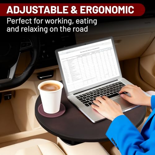 Car Desk for Laptop 360° Rotating Wood Car Tray,Car Laptop Desk and Car Food Tray Compatible with Tesla Model Y/3/S, Fits for Ford Explorer /F150/Maverick and Most Vehicles with Round Cup Holders