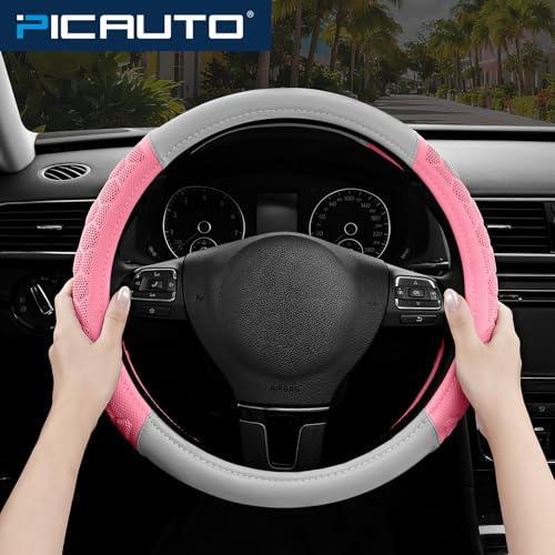 PIC AUTO Massage Steering Wheel Cover, Pink Football Pattern Material Spliced & Gray Leather Car Steering Wheel Cover, Car Steering Cover, Universal Fit 14.5"-15.5" for Cars, Trucks, Van, SUVs - color: Pink Gray