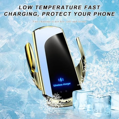 Wireless Car Charger, 15W Fast Charging Air Vent Mount Auto-Clamping Phone Holder, Automotive Electric Induction Charger 360° Rotating Magnetic Vent Mount Bracket for Smartphones (Golden) - color: Golden