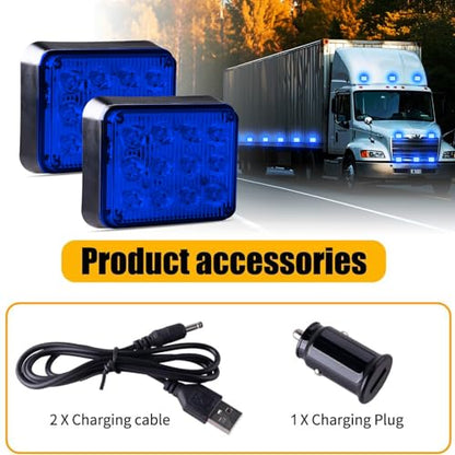 2PCS Rechargeable Flashing Lights for Vehicles, 12-Led Blue Emergency Strobe Lights, Battery Powered Strobe Caution Warning Beacon Lights with Magnetic for Trucks Trailers Car ATV Van RV SUV - color: Blue