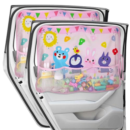 DIZA100 Car Sun Shade for Window Baby (2 Pack), Blackout Window Shades with Storage Net Pocket, 7 Suction Cups, Cute Patterns for Sun/Heat/UV Rays Block - color: Pink-Animals 2PC