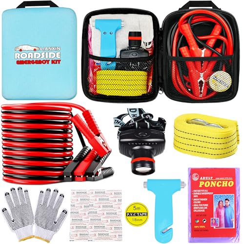 LIANXIN Car Emergency Roadside Tool Kit, Auto Emergency Kits Vehicles, with Jumper Cables kit，Car Safety Roadside Assistance Kit,Headlamp,Tow Straps,Safety Hammers,Rainwear,Gloves.Sky Blue - color: Sky Blue