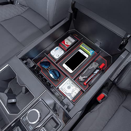 JDMCAR Center Console Organizer Compatible with 2022 2023 2024 2025 2026 Toyota Tundra Accessories and 2023-2026 toyota sequoia Armrest Secondary Storage Box ABS Material with Non-Slip Mats (Red Trim) - color: red