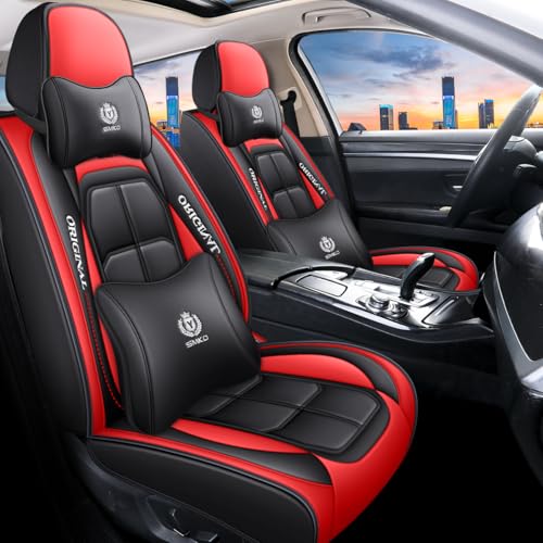 BGYFDU07 Seat Cover 5-Seater Full Set, Universal Type, Suitable for Most Cars, Cars, SUV, Trucks, Pickup Ttrucks, Airbags Compatible with Synthetic Leather Car Seat Cushion Protectors (Black-Red) - color: Black-red