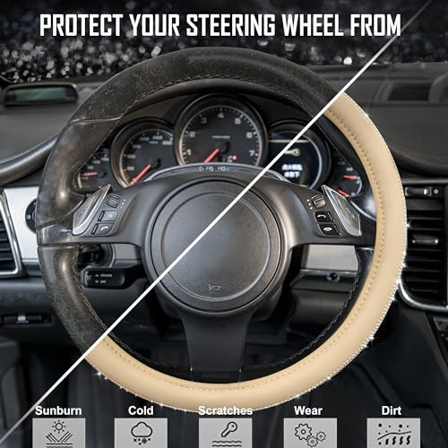 CAR PASS Bling Diamond Beige Leather Steering Wheel Cover, White Sparkly Crystal Glitter Rhinestones Universal Fit 14" 1/2-15" Car Wheel Protector for Women Girl Fit Suvs,Vans,Sedans,Trucks, Beige - color: Beige Leather