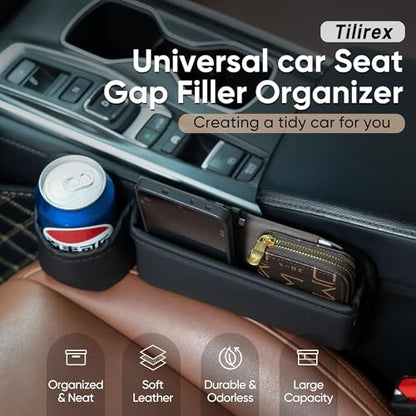 Universal Car Seat Gap Filler Organizer, Premium Leather Car Seat Organizer, Seat Gap Storage Box with Cup Holder for Drink, Front Seat Gap Bag for Phone, Sunglasses,Keys, 2 Packs (Left+Right)
