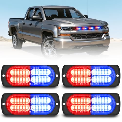 Nilight 4PCS 24LED Emergency Strobe lights 12V 24V Red Blue Surface Mount Grille Hazard Safety Warning Light Sync Feature Side Flashing Marker Flash for Car Truck Campers - color: Red Blue