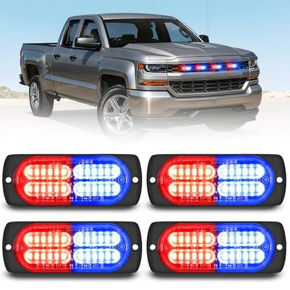 Nilight 4PCS 24LED Emergency Strobe lights 12V 24V Red Blue Surface Mount Grille Hazard Safety Warning Light Sync Feature Side Flashing Marker Flash for Car Truck Campers - color: Red Blue