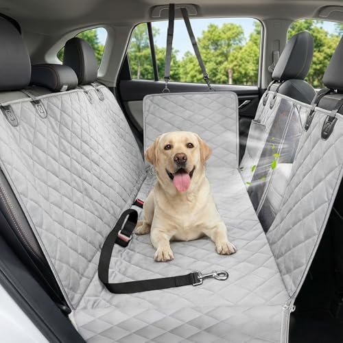 Dog Car Seat Cover, 600D Heavy Durable Dog Seat Cover for Back Seat, 100% Waterproof Scratch Proof Nonslip Dog Hammock for Car with Side Flap, Pet Back Seat Covers for Cars with SeatBelt Gray - color: Gray, size: Standard (53.9*57.9 )