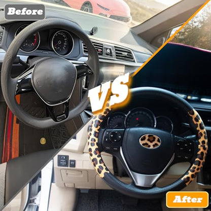 Universal Leather Leopard Cheetah Steering Wheel Cover Women 14.5-15 inch Leopard car Accessories Western Anime Brown Cute Wheel Cover Hip Hop Anti-Slip Car Protecter for Men - color: Leopard Print-SC