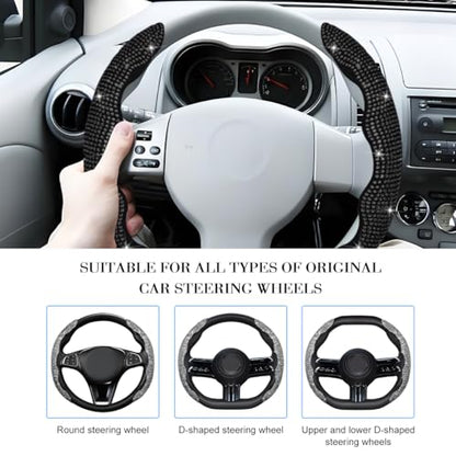 Bling Car Steering Wheel Cover, Rhinestones Non-Slip 15 Inches Vehicle Wheel Cover, Diamond Sparkling Steering Protector for Women Girls, Universal Automotive Accessories (Black) - color: Black
