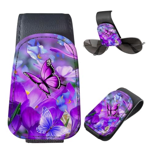 Sunglasses Holder for Car Visor, PU Leather Glasses Clip Organizer, Cute Magnetic Eyeglass Holder for Vehicle Sun Visor, Car Interior Accessory for Women & Men Purple Butterfly Bloom - color: Purple Butterfly Bloom