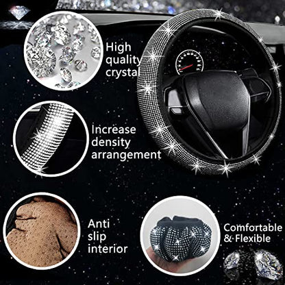 NBTEPEM 27 PCs Bling Car Accessories Set for Women, Steering Wheel Covers Universal Fit 15 Inch, Bling License Plate Frame, Bling Phone Holder, Bling Car Coasters (Silver Diamond) - color: Silver Diamond