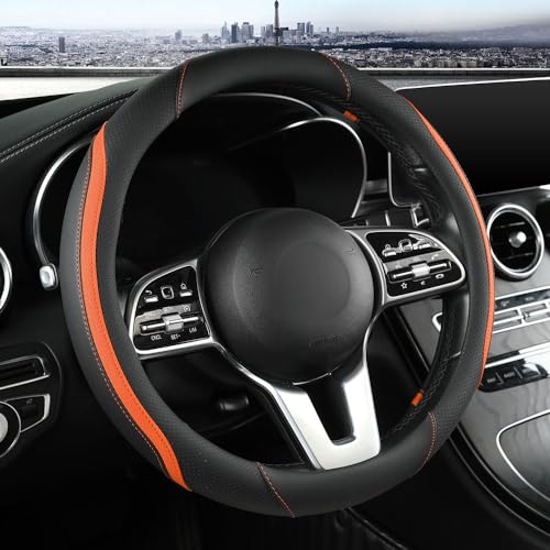 Car Steering Wheel Cover, Leather Steering Wheel Cover Orange Universal 14.5-15 Inch Microfiber Leather Anti-Slip Breathable Auto Steering Wheel Covers for Men Women (Black&Orange) - color: Orange