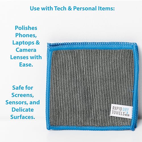 Rapid Dry Towels Micro RDTs Ultra-Soft Microfiber Towels | 6 Pack | 3.9 x 3.9 in | Channel Weave Lint-Free Cleaning Cloths | Scratch-Free Cloth for Glasses, Car Interior, Camera Lens & Electronics