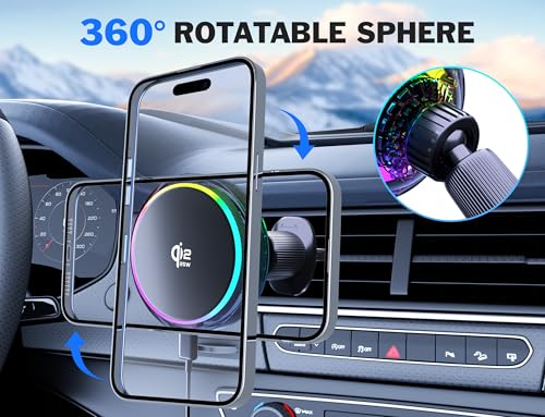 25W MagSafe Compatible Car Mount Charger with Air-Cooled, 3500gf Magnetic Phone Holder for iPhone and Android, Dash Air Vent with Rainbow Ambient Light Valentines Day Gifts
