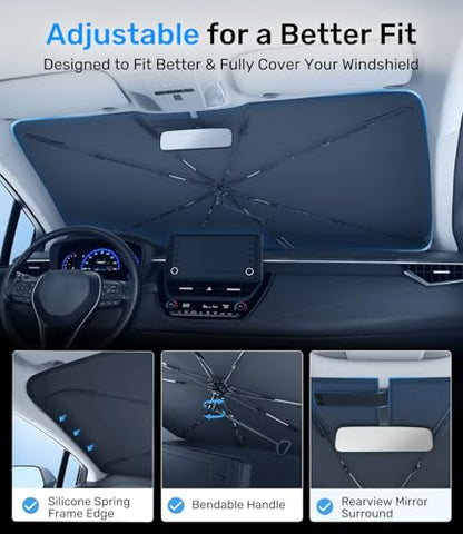 Zanch 2025 Upgraded Car Windshield Sun Shade [Cool Down by 75℉ ] with Heat Insulation Coating, Foldable Sunshade Umbrella with Flexible Handle & Ribs, Large (34''x61'') for Large SUV, Truck, Van - size: Large 61''x34''