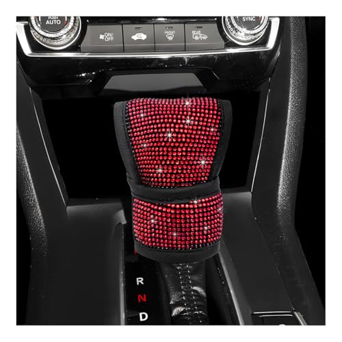 povtii Diamond Car Shift Knob Cover, Shining Crystal Car Gear Shifter Leather Protective Cover, Diamond Encrusted Hand Shifter for Auto and Truck, Decorative Car Accessories (Red) - color: Red