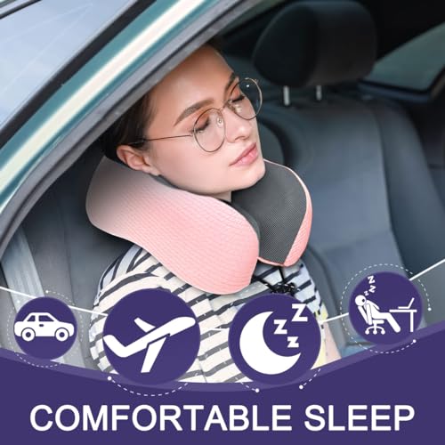 napfun Neck Pillow for Travel with Travel Pouch, Sleep Mask & Earplugs, Memory Foam Airplane Pillow for Headrest Sleep with Eyeshades, Plane Essentials with Eye Blindfold, Pink Striped Kit - color: Pink Striped Kit