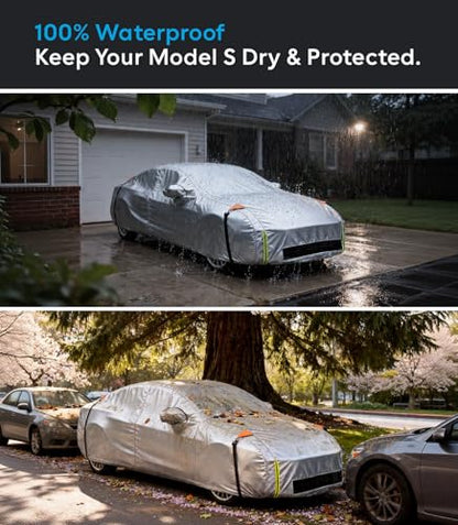 Wigoo Tesla Model S Car Cover Accessories 2012-2026, Custom Fit Waterproof All Weather Outdoor Full Car Cover, Windproof UV Rain Snow Dust Protection, Door Zipper, Charging Port, Ventilated Mesh - size: for Model S (2012-2026)