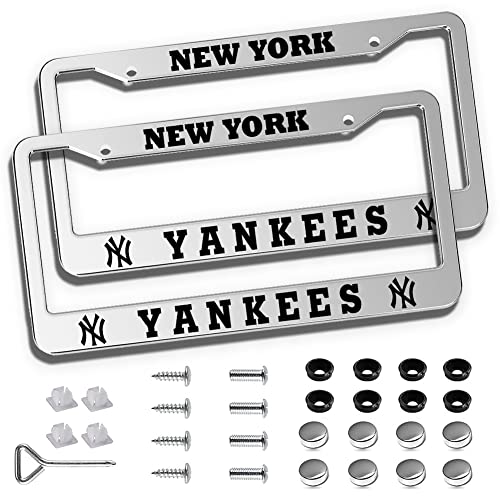 2 Piece License Plate Frames for Yankees, Anti-Dirty and Rustproof Aluminum Alloy NY License Plate Frames US Standard License Plate Holder with Screw Caps Set (Silver) - color: Y-Silver