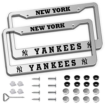 2 Piece License Plate Frames for Yankees, Anti-Dirty and Rustproof Aluminum Alloy NY License Plate Frames US Standard License Plate Holder with Screw Caps Set (Silver) - color: Y-Silver