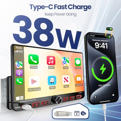 7“Single Din Radio with Apple CarPlay & Android Auto, UHD Single Din Touchscreen Car Radio, Car Stereo with 1080P Backup Camera, Mirror Link, Bluetooth 5.3, GPS, AM&FM, Fast Charging, EQ, SWC