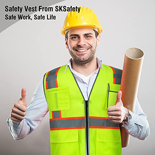 SKSAFETY 10 Pockets Safety Vest, Class 2 High Visibility Security with Zipper Double-sided mesh, Hi Vis Vest with Reflective Strips, ANSI/ISEA Standard, Construction Work Vest （Lime, 4XL） - color: Yellow Mesh, size: 4X-Large
