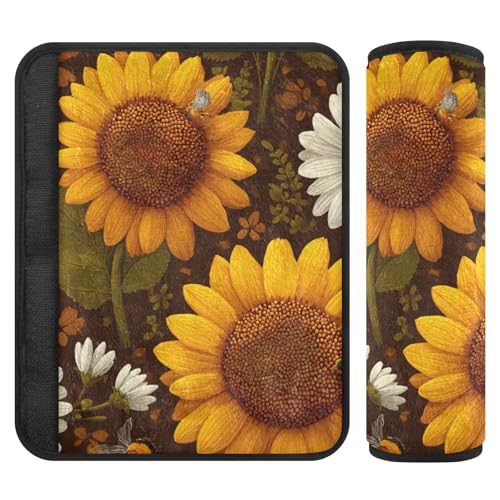 Brown Sunflowers and Bees Seat Belt Cover Pad 2 Pcs Soft Cute Seatbelt Covers Protector Support Head Neck Shoulder Strap for Car Seats High Chair Backpack for Adults Kids Women Men 10x7.7In 2 P - color: Brown Sunflowers and Bees, size: Medium