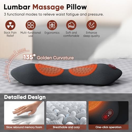 3 in 1 Upadate Rechargeable Electric Lumbar Support Pillow with Adjustable Height for Bed and Chair,Cordless Back Massager for Pain Relief Deep Tissue,Back Massager with Heat for Home & Office