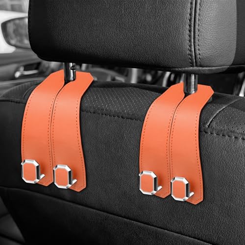 2PCS Car Hooks for Headrest, Faux Leather Purse Hook for Car Seat Back Organizers and Storage, Double Metal Purse Holder Bag Hanger, Universal Car Interior Accessories for Women Man - color: Brown