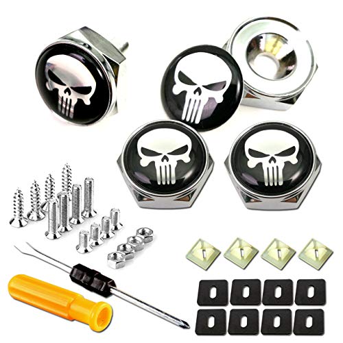 Aootf License Plate Screw Bolt Caps- Logo Billet Metal Car License Plate Bolts Frame Screw Cover with Black Skull Sticker, License Plate Frame Security Fastener Kit with Anti-Rattle Foam Pads - color: Skull Screws