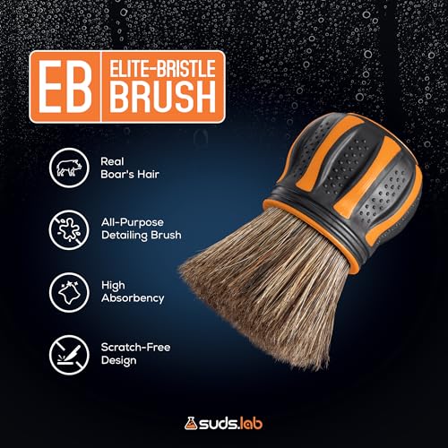 Suds Lab Elite-Bristle Boar’s Hair Car Detailing Brush – Deep Cleaning Car Detail Brush with Stand – Metal-Free, High Absorbency Detailing Tool for Scratch-Free Interior & Exterior - size: Boar Hair