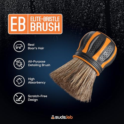 Suds Lab Elite-Bristle Boar’s Hair Car Detailing Brush – Deep Cleaning Car Detail Brush with Stand – Metal-Free, High Absorbency Detailing Tool for Scratch-Free Interior & Exterior - size: Boar Hair