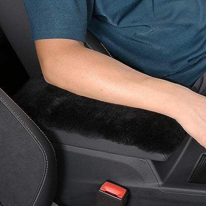 Genuine Sheepskin Center Console Cover Pad Genuine Furry Fluffy Wool Fur Car Armrest Cover Protector Universal Fit for SUV/Truck/Car - color: Shearling-Black