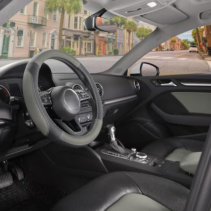 SEG Direct Car Steering Wheel Cover for Prius Civic Model 3 Model Y Camaro, Small Size 14-14.25 inch, Black and Gray Microfiber Leather - color: Black and Gray, size: Small size[14''-14 1/4'']