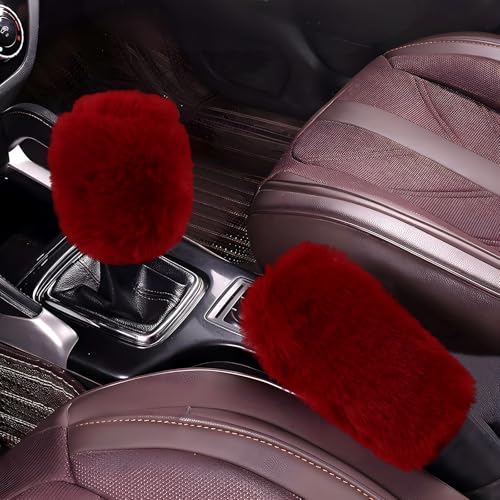 Hovom 2PCS Fluffy Car Gear Shift Knob Cover & Handbrake Cover, Soft Plush Hand Brake Handle & Gear Shift Cover for Women Girls, Universal Comfortable Warm Furry Car Accessories (Wine Red) - color: Wine Red