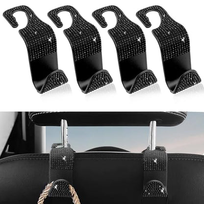 4PCS Car Hooks, Car Seat Headrest Hooks with Sparkling Rhinestone, Universal for Purse, Handbag, Grocery Bags and Coat Vehicle Accessories (Black) - color: Black