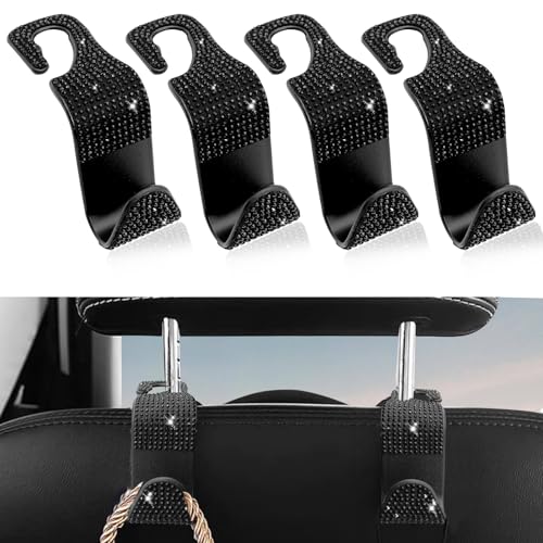 4PCS Car Hooks, Car Seat Headrest Hooks with Sparkling Rhinestone, Universal for Purse, Handbag, Grocery Bags and Coat Vehicle Accessories (Black) - color: Black
