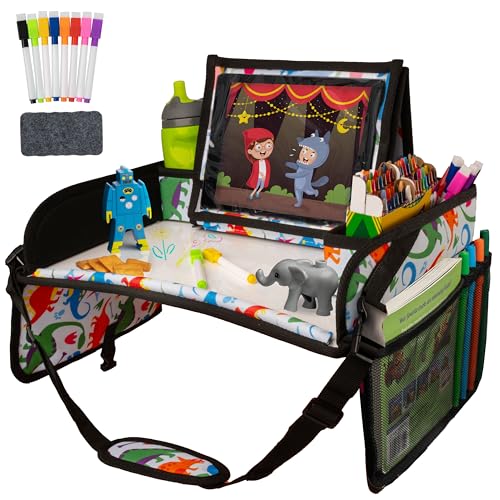 Lusso Gear Kids Car Seat Travel Tray - Dry-Erase Tablet Holder for Road Trip Activities - Cup Holder & Storage for Toddler Travel Essentials - Plane Activity Tray for Airplane Essentials - Dinos - color: Dinos