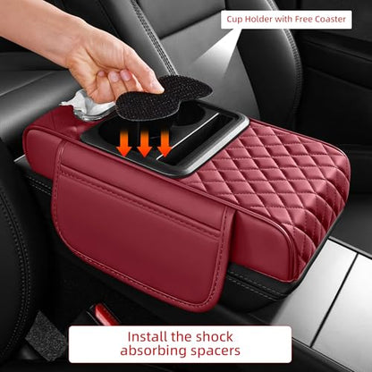 5 in 1 Car Center Console Cover, Armrest Pad with 2 Storage Pockets, Cup Holder, Tissue Box Slot, Phone Holder, Universal Car Interior Organizer (Burgundy) - color: Burgundy