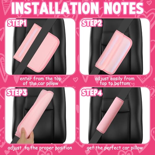 Fanfanwin 4 Pcs Car Accessories Set Include 2 Pcs Pink Heart Shaped Car Headrest Pillow with Angel Wings2 Pcs Pink Faux Fur Universal Seatbelt Cover Kawaii Soft Neck Rest Cushion for Truck SUV Decor