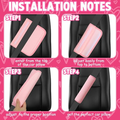 Fanfanwin 4 Pcs Car Accessories Set Include 2 Pcs Pink Heart Shaped Car Headrest Pillow with Angel Wings2 Pcs Pink Faux Fur Universal Seatbelt Cover Kawaii Soft Neck Rest Cushion for Truck SUV Decor