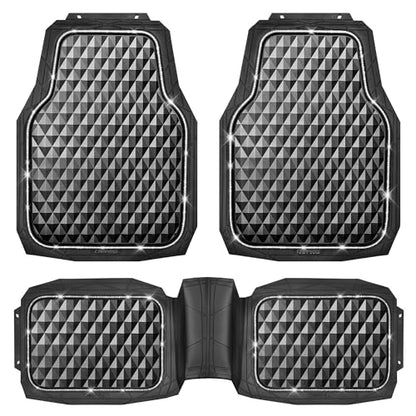 CAR PASS Bling Diamond Black Rubber Car Mats, Heavy Duty Deep Dish All-Weather Floor Mat Anti-Slip 3D Rhombus Waterproof Trim to Fit Liner Universal Glitter Sparkly Shining Rhinestone, 3 Pcs Silver - color: Silver Diamond