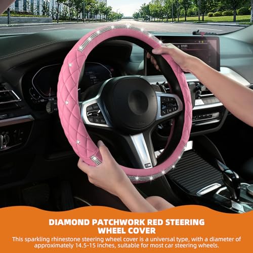 Diamond Steering Wheel Cover，14.5-15 Inch Car Steering Wheel Cover with Bling Crystal Rhinestone，Delicate and Anti-Slip Sparkly Car Wheel Protector for Women Girl，Pink - color: Pink